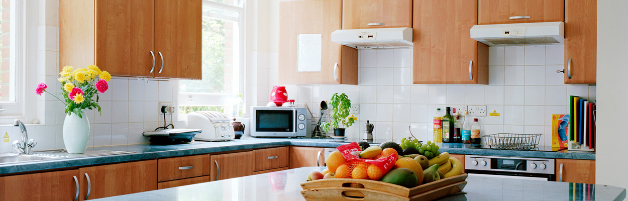 a bright kitchen with wooden cabinets a vase of colorful flowers on the counter and a fruit basket filled with various fruits highlighting a fresh and inviting space for two cooking enthusiasts